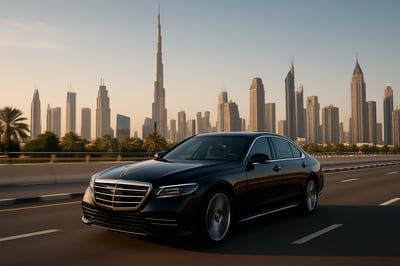 Luxury vehicle travelling on a Dubai road with city skyline in the background Luxury vehicle travelling on a Dubai road with city skyline in the background