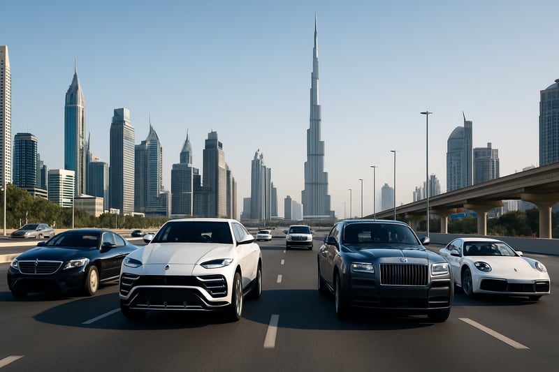 Modern Dubai road with luxury transportation vehicles Modern Dubai road with luxury transportation vehicles