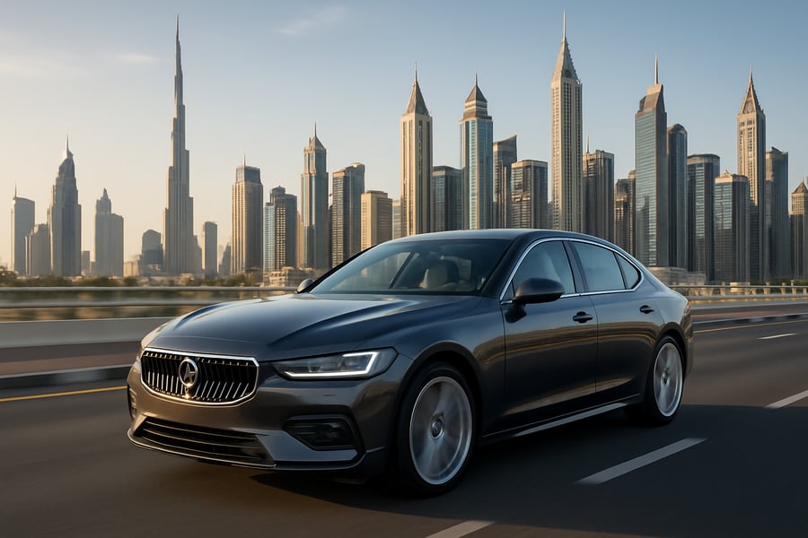 Modern luxury vehicle driving on Dubai roads with city skyline in background Modern luxury vehicle driving on Dubai roads with city skyline in background