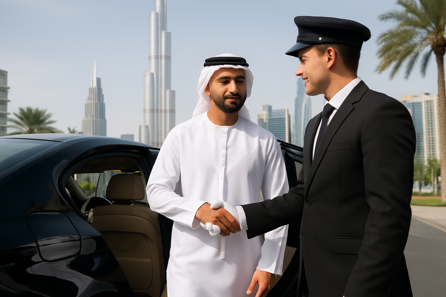 Professional chauffeur assisting passenger in Dubai