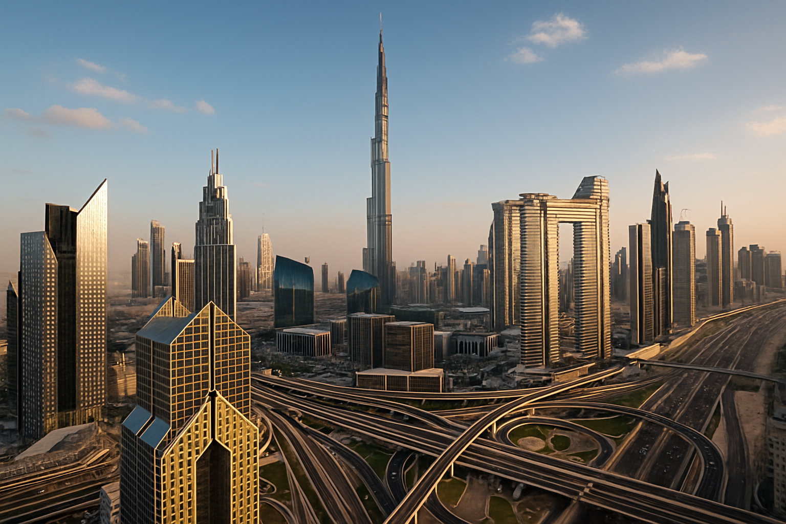 Iconic Dubai skyline with road networks